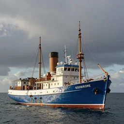 photograph of a blue steam punk trawler kodachrome sunshine