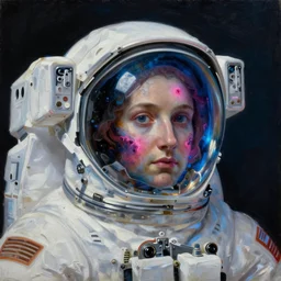a close - up view, renaissance portrait of a one space astronaut with face surrounded by nebula. transparent glass, space suit and reflections on it. deep blue and pink tones. gloomy dark black background. highly detailed fantasy science fiction portrait oil painting by mikhail vrubel. rich colors, high contrast. artstation
