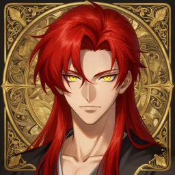 portrait of hisoka morow hunter hunter, male, sharp jaw yellow eyes narrow eyes red hair crimson medium length hair swept back hair, anime, fantasy, intricate, elegant, highly detailed, digital painting, artstation, concept art, smooth, sharp focus, illustration, art by artgerm and greg rutkowski and alphonse mucha