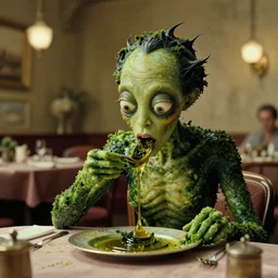 the strange creature in the restaurant likes to eat, made of Chlorophyll and oil, film still from the movie directed by Denis Villeneuve with art direction by Salvador Dalí