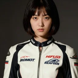 incredibly realistic, youthful asian demure, perfect features, feminine cut, frontiers in flight leather suit, made of sewn together motor racing logos, cosplay fashion, roger deakins, ektachrome, 3 5 mm, extreme closeup 3 / 4, highly detailed : beautiful three point perspective, portrait photo in chiaroscuro style, 1 9 7 0 s