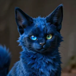 a blue - and - black male catbat fursona ( from the furry fandom ) with huge bat ears and heterochromia, photo portrait