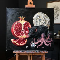 painting of a black painted canvas, on an easel in a dark room with black walls, pomegranate, a black pig, pork, octopus, large diamonds gems, stone sculpture work in progress, oil on canvas