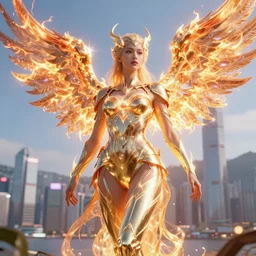 an cyberpunk woman goddess seraphin with burning wings, hong kong skyline in the background, intricate, hyperrealistic, anthropomorphic, volumetric lighting, bright colors, lens flare, 6 point perspective