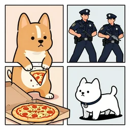 a comic strip about a dog. The dog steals a pizza. Cops chase the dog. The dog eats the pizza