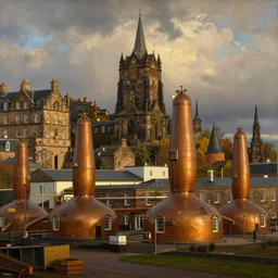 a beautiful painting of a whisky distillery beneath arthur's seat edinburgh, by Carl Gustav Carus, by Frederic Edwin Church, by Thomas Cole, golden hour, trending on arstation