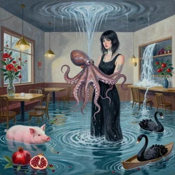 tall female emo artist holding an octopus in a flooded cafe, octopus, water gushing from ceiling, painting of flood waters inside a cafe, a river flooding indoors, pomegranates, pigs, ikebana, water, octopus, river, rapids, waterfall, black swans, canoe, berries, acrylic on canvas, surrealist, by francesco clemente