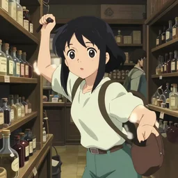 anime visual, portrait of a young female traveler in a alchemist's potion shop interior shopping, low light, cute face by ilya kuvshinov, yoh yoshinari, makoto shinkai, katsura masakazu, dynamic pose, dynamic perspective, cel shaded, flat shading mucha, crisp smooth clean lines, rounded eyes, moody, detailed facial features