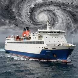 A large ferry on ocean, with hurricane, 4k, detailed, professional photography, wide angle