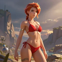 portrair of overwatch tracer in a red bikini, artwork by craig mullins,