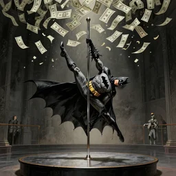 batman pole dancing on stage, dollars falling from above, elegant intricate digital painting artstation concept art by frank miller and klaus janson detailed