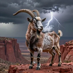 highly detailed goat with a thousand horns blowing smoke on a red cliff with thunderstorm in the background