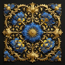 black blue yellow, complicated gold and blue flowers the baroque style decoration, dark fantasy, intricate, elegant, highly detailed, digital painting, artstation, concept art, matte, 3 d 8 k octane rendered, sharp focus, illustration, octane rendered, art by artgerm and alphonse mucha, leesha hannigan