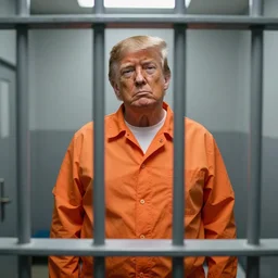 donald trump dressed in orange prison uniform in a prison cell on wc, jail bars, framing - medium shot, natural light failing on his face, by terry richardson