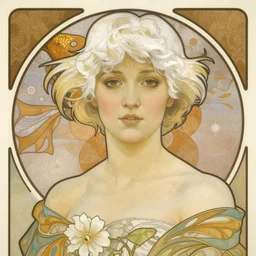 portrait of a woman with short white hair, medium shot, illustration, highly detailed, high quality, by alphonse mucha