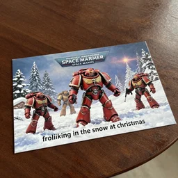 postcard showing 'realistic warhammer space marines frollicking in the snow at christmas' laying on coffee table, zoomed out, HD, iphone capture