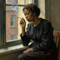 a heveanly and depressive renaissance painting of a sad black woman smoking a cigarrete at the window in the style. of norman rockwell, trending on artstation.