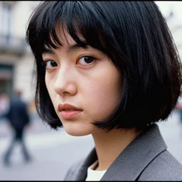 ektachrome, 3 5 mm, highly detailed : incredibly realistic, perfect features, hair bob, beautiful three point perspective extreme closeup 3 / 4 portrait photo in style of chiaroscuro style 1 9 7 0 s frontiers in flight suit cosplay paris seinen manga street photography vogue fashion edition
