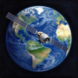 a satellite orbiting earth, painting in the style of John Berkey