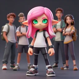 a beautiful fullbody portrait of a cute splatoon anime boy with pink hair and green eyes wearing sports clothing leggings. character design by cory loftis, fenghua zhong, ryohei hase, ismail inceoglu and ruan jia. artstation, volumetric light, detailed, photorealistic, fantasy, rendered in octane