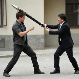 a man attacking another man with a large pen