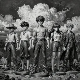 By Tom Bagshaw, ultra realist soft painting of a selection of anime miniature fully dressed resin statues with dioramas, symmetry accurate features, very intricate details, ominous sky, black and white, volumetric light clouds