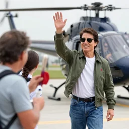 Tom Cruise waving to fans. He's wearing bluejeans and a green jacket, Ralph Lauren. Wayfarer sunglasses A helicopter is in the background. Shallow depth of field