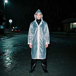 Fashion nighttime photoshoot of blade runner replicant model wearing plastic raincoat in heavy floods, agfa film, wide shot by Nabbteeri
