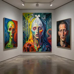 an empty room in the style of constructivism, exhibition of paintings, trash bag on head, blurred, grotesque, doomed, neural acrylic paint, high resolution, gouache on canvas, ultra detailed, vibrant colors, grotesque, wrapped thermal background, slimey, high resolution, unreal 6, art by francis bacon, beksinski painting