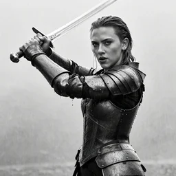black and white scarlett johansson wearing rain soaked armour in the pouring rain, swinging a sword in frank frazetta style, pencil and ink, full body action pose, dynamic lighting in a post apocalyptic city, at night with dramatic moonlight, drawn with added movement effects, cinematic effects vfx, dynamic pose, dynamic angle