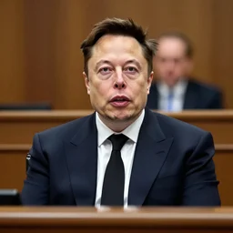 Elon Musk in a trial in court, court photo,