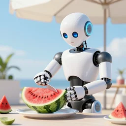 a robot cutting watermelon under a sun umbrella on a summer day, sharp focus, trending on artstation, hyperdetailed, digital art, crepuscular ray, cinematic lighting, unreal engine 5