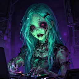 super detailed 8 0's horror art of a glowing green and purple pretty zombie korean girl, dj sura, teal hair, by ilya kuvshinov