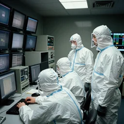 1 9 8 0 s surveillance room with turned on monitors and audio equipment, men in hazmat suits stare at the monitors in the style of irving penn
