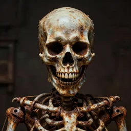 a scary rusty skeleton shape made out of pipes, horror, human bodies, human face,