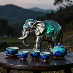 raku elephant tea set on a table in evening, emerald feathered, raku metallic, turquoise mottled, lapis lazuli crackle, spot lit, deep color, bioluminescent