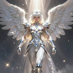 white muscular angel with wings, wearing diamond armor, shining light, jewelry, god rays by Karol Bak, Ayami Kojima, Amano