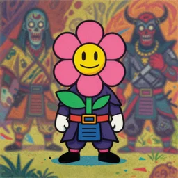 flowerpunk meh scally samurai, risograph grainy painting, blurred, gouache on canvas, vibrant colors, grotesque, wrapped thermal background, bymike mignola and yoji shinkawa art style, midshot wide portrait
