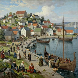 a viking busy capital city with a harbor and viking ships in summer, lush vegetation, vikings, trading, ultra detailed, realistic, lost civilizations, masterpiece, 4 k, highly detailed, oil painting, sharp focus, illustration, painted by j. c. dahl, hans gude and adolph tidemand