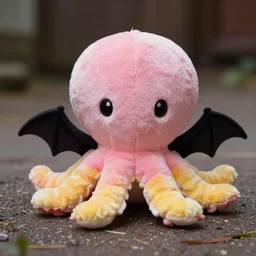 kawaii pink and yellow octopus plush wearing a vampire bat poncho, normal arms, by the sanrio company, real life, cinematic, adorable