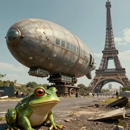 fallout 5 intro wide angle cinematic shot, frog perspective of an ultra detailed, super realistic gritty, hero prop, exquisitely weathered gigantic sleek steampunk blimp with armoured hull and cockpit, stationairy next to the remains of the eiffel tower, sharp focus, 8 0 s visuals, ultra detailed