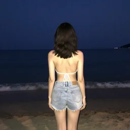 home photography portrait, view from behind, a woman standing on the beach ; night, summer, color vhs picture quality with mixed noise