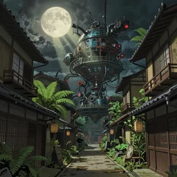 Architectural section, dystopian, steampunk style, Miyazaki tekkonkintreet Teikoku Shounen style, amazing Traditional Japanese alley lane on full moon, machinery and wires, lush vegetation and ferns, sun rays, octane render, trending on artstation, hyper detailed, cinematic