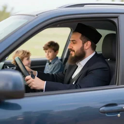 a jewish man driving his kids home in the suv