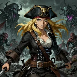 realistic detailed image of a female pirate blonde hair blowing in an angry and stormy battle scene, anime art, anime, inspired by H.R. Giger and Zdzislaw Beksinski and Mark Ryden, gothic, rich deep colors. A masterpiece, matte painting, digital art, trending on artstation.