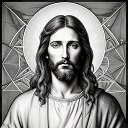 Geometrically surreal Jesus, extremely high detail, photorealistic, intricate line drawings, dotart, album art in the style of James Jean