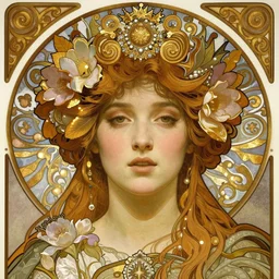 realistic detailed face portrait of a beautiful young queen of flowers by Alphonse Mucha, Greg Hildebrandt, and Mark Brooks, gilded details, spirals, Neo-Gothic, gothic, Art Nouveau, ornate medieval religious icon
