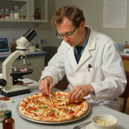 poster artwork by Michael Whelan Rendering of a scientist operating on a pizza, full of details by thomas kinkade, Matte painting, trending on artstation