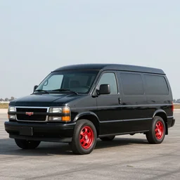 ! black 1 9 8 3 gmc van!,! red alloy wheels!, full length, photorealistic, octane render, very detailed, a - team television series van