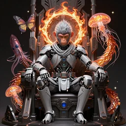 Cybernetic Monkey Ninja , sitting on intricate throne, high tech, cyberpunk, dystopian, jellyfish phoenix dragon, butterfly squid, burning halo, intricate artwork by Guy Denning, very coherent symmetrical artwork, cinematic, hyper realism, high detail, octane render, unreal engine, 8k, Vibrant colors, Smooth gradients, High contrast, depth of field,